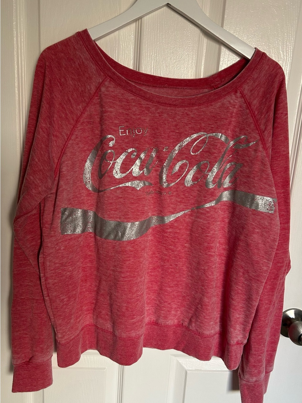 Coca Cola Heathered Red Women's Scoop-Neck Sweatshirt with Silver Logo